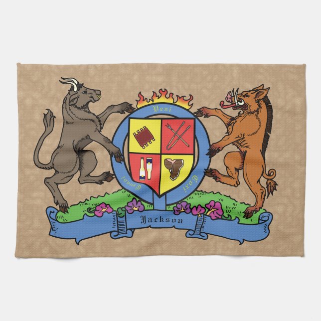 Bull and Boar Rampant BBQ Coat of Arms Tea Towel (Horizontal)