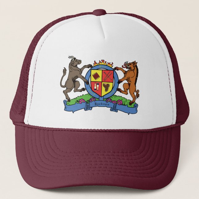 Bull and Boar Rampant BBQ Coat of Arms Trucker Hat (Front)