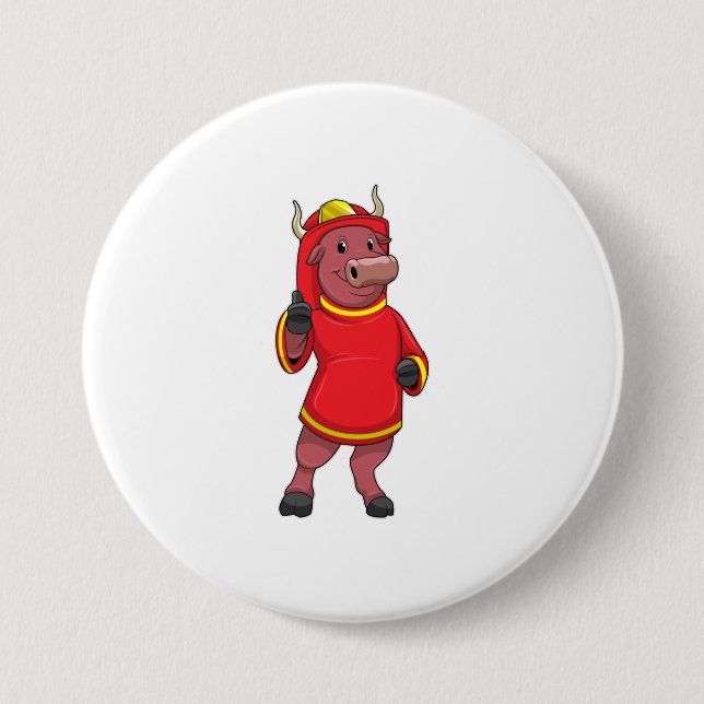 Bull as Firefighter with Helmet 7.5 Cm Round Badge (Front)