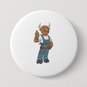 Bull as Handyman with Hammer 7.5 Cm Round Badge