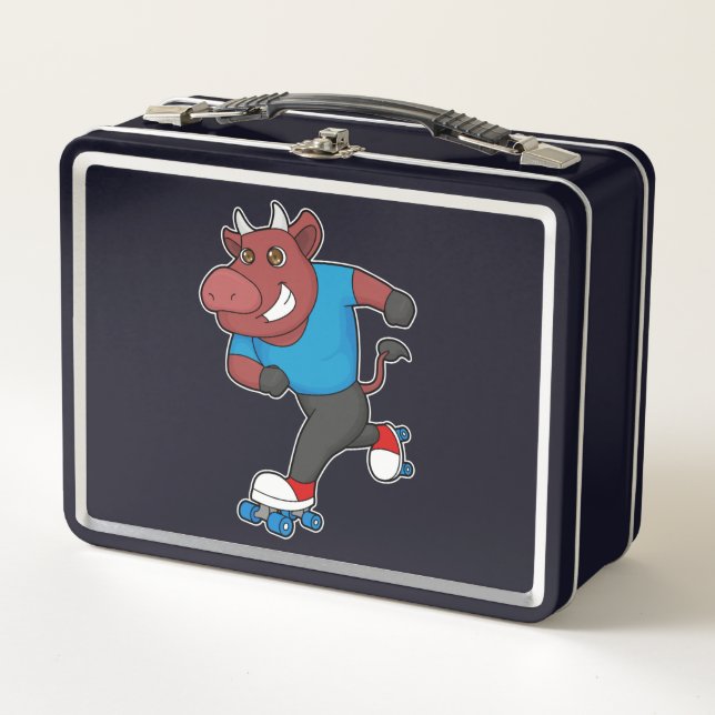 Bull at Inline skating with Roller skates Metal Lunch Box (Front)