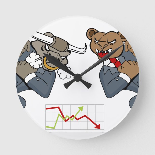 Bull Bear Battle Stock Market Cartoon Round Clock (Front)