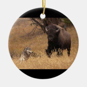 Bull Bison & Wolf Ceramic Tree Decoration