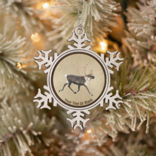 Bull Caribou (Reindeer) On Old Paper Snowflake Pewter Christmas Ornament
