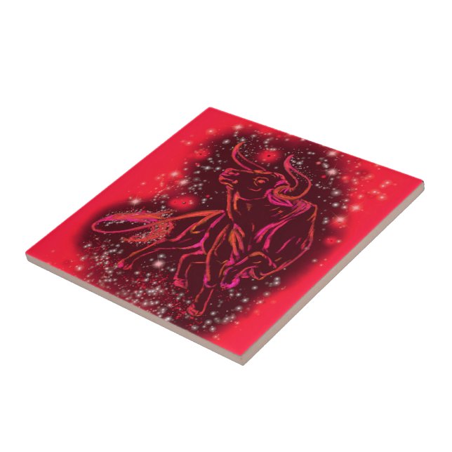 Bull Ceramic Tile Running In Red Starry Night (Side)