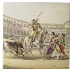 Bull Charging a Picador, 1865 (colour litho) Tile