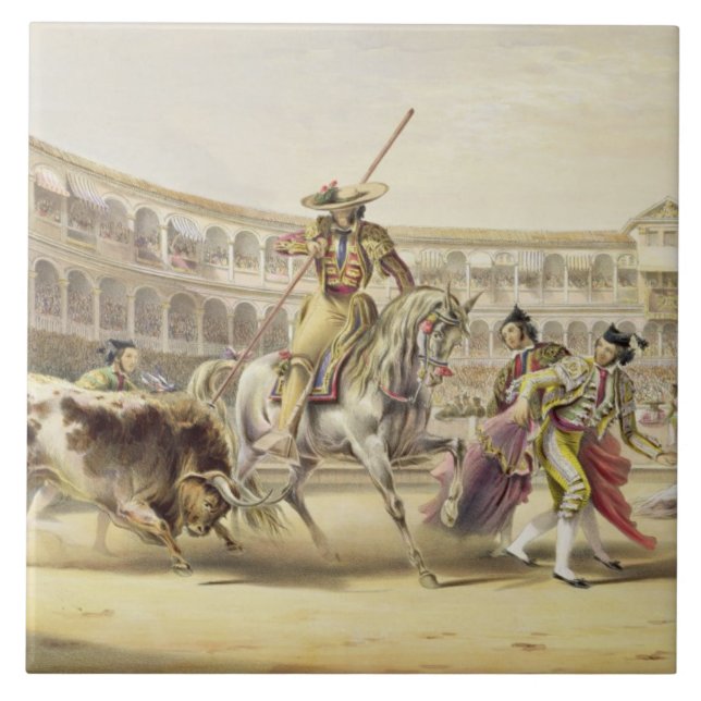 Bull Charging a Picador, 1865 (colour litho) Tile (Front)