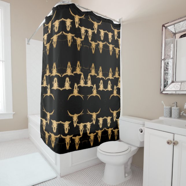 Bull Cow Skull Gold Black Elegant Stylish Rustic Shower Curtain (In Situ)