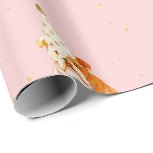 Bull Dog Birthday Pink Party Hat Wrapping Paper (Roll Corner)