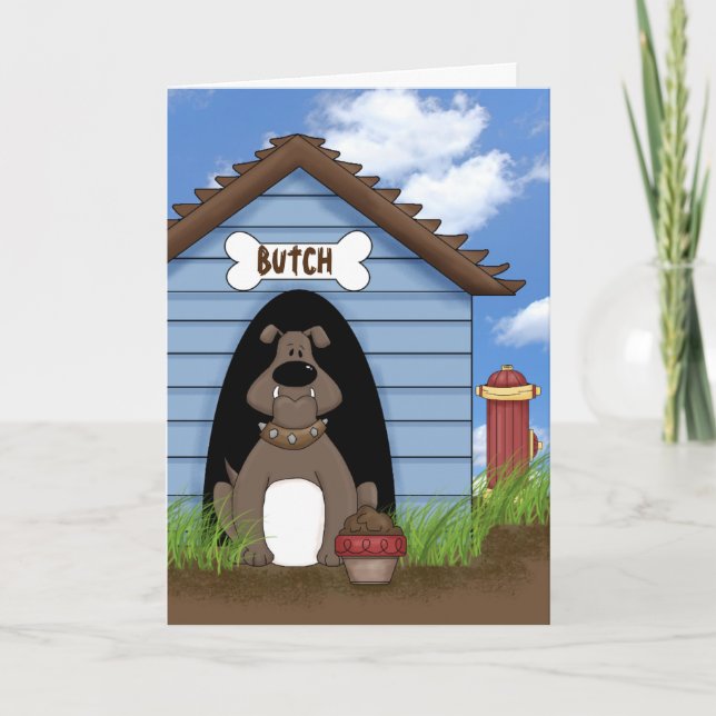 bull dog in dog house birthday card (Front)