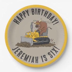 Bull driving bulldozer birthday personalised paper plate