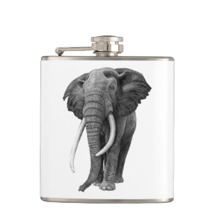 Bull elephant - Drawing in pencil Hip Flask