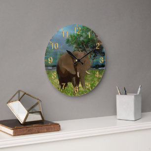 Bull Elephant Grazing, Wall Clock