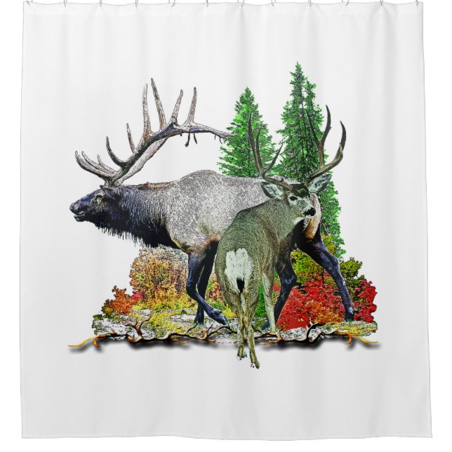 Bull elk and mule deer buck shower curtain (Front)