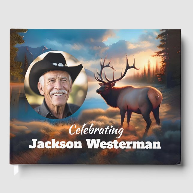 Bull Elk at Mountain Sunset Memorial  Guest Book (Front)