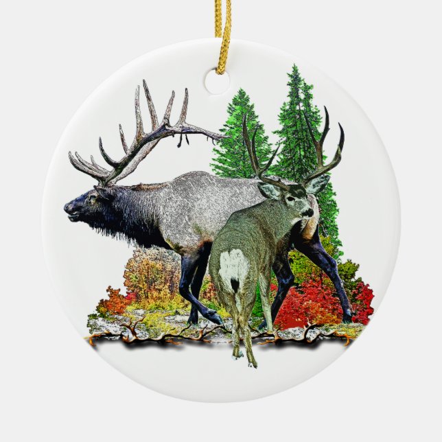 Bull elk  buck deer ceramic tree decoration (Front)