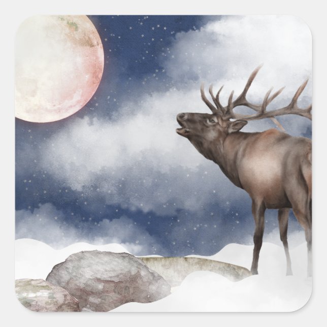 Bull Elk Bugling at the Full Moon Mountain Square Sticker (Front)