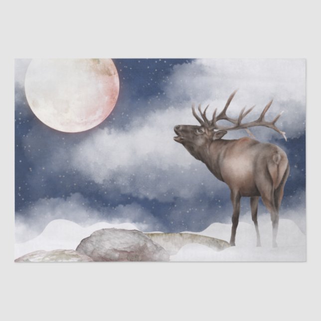 Bull Elk Bugling at the Full Moon Mountain Tissue Paper (Front)