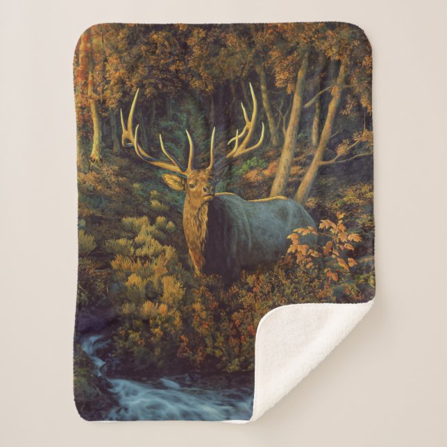 Bull Elk in Autumn Forest Sherpa Blanket (Front)