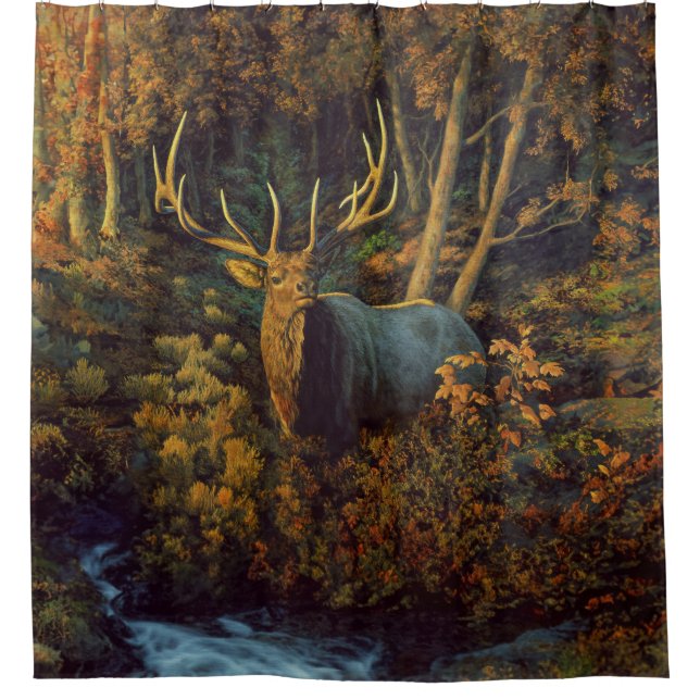 Bull Elk in Autumn Forest Shower Curtain (Front)