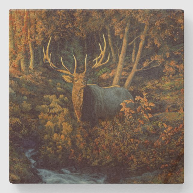 Bull Elk in Autumn Forest Stone Coaster (Front)