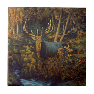 Bull Elk in Autumn Forest Tile