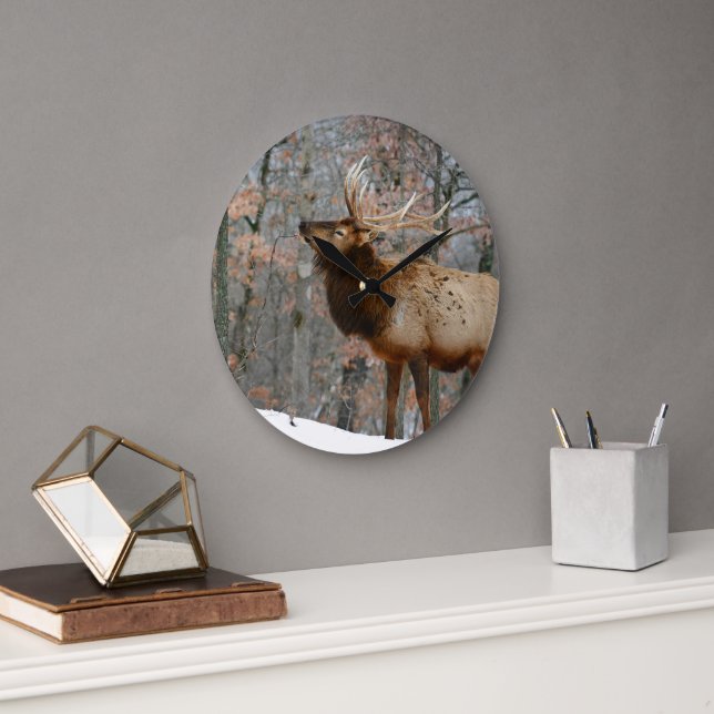Bull Elk in the Snow Large Clock (Office)