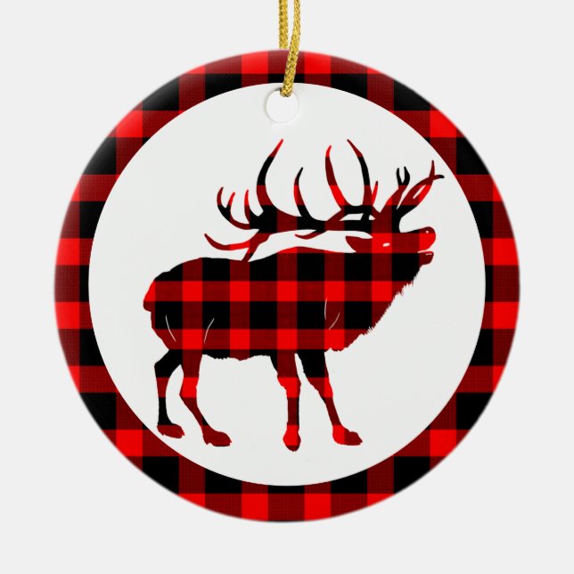 Bull Elk Large Game Plaid Ceramic Ornament (Front)
