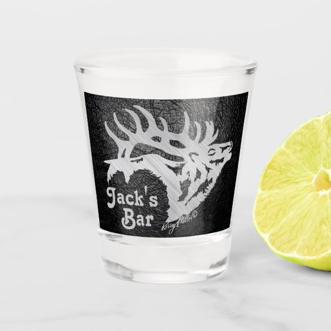 Bull Elk On Black Leather Shot Glass (Front)