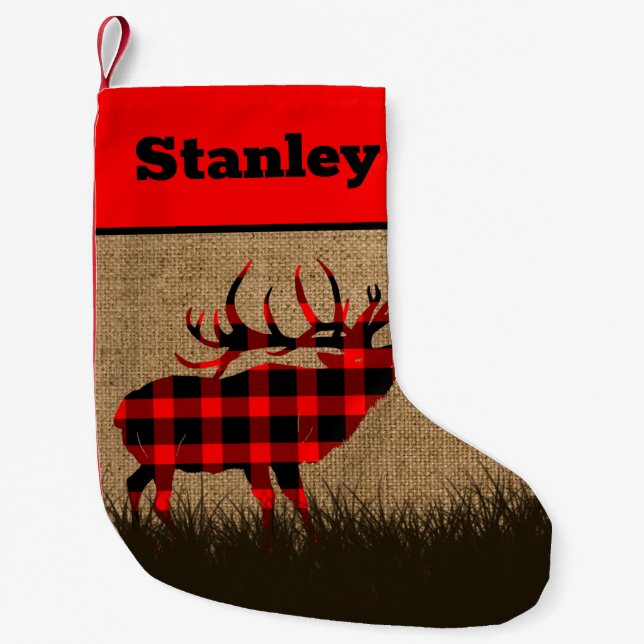 Bull Elk Plaid Burlap Christmas Stocking (Front)