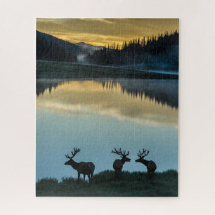 Bull Elks Silhouetted Poudre Lake Sunrise Jigsaw Puzzle