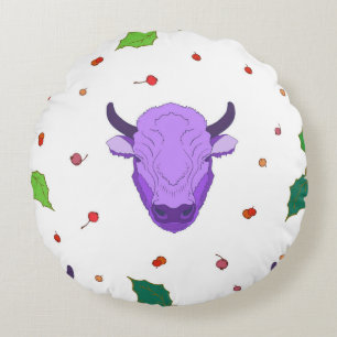 Bull,  holly,  mistletoe and berries. The symbol o Round Cushion