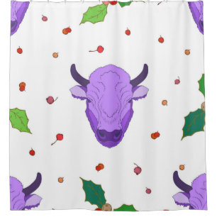 Bull, holly, mistletoe and berries. The symbol o Shower Curtain