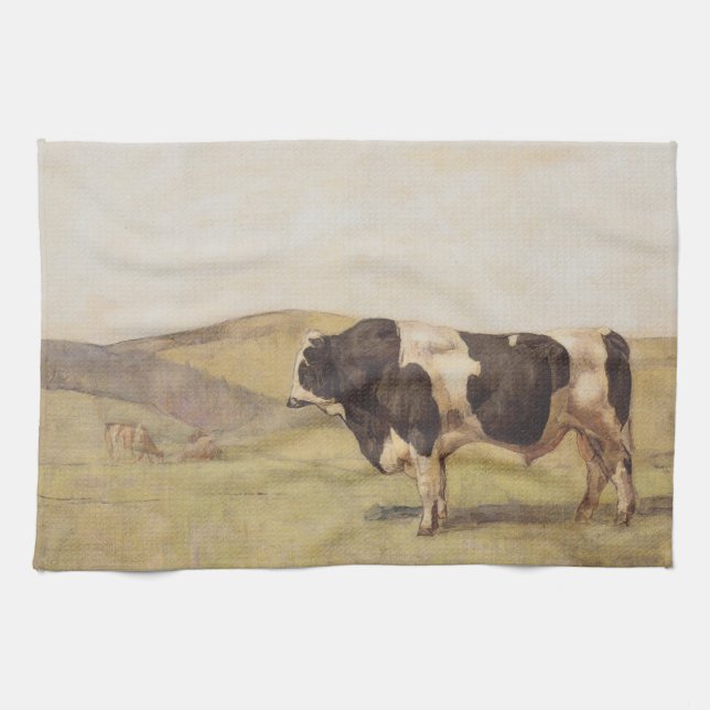 Bull in a Swiss Landscape (by Ferdinand Hodler) Tea Towel (Horizontal)