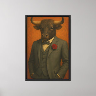 Bull in Tuxedo with Rose Framed Canvas Wall Art