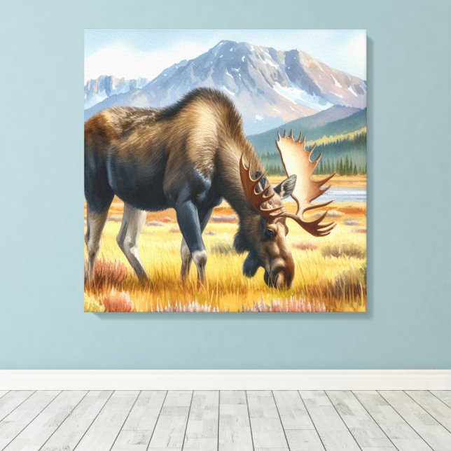Bull Moose Grazing in Alaska Watercolor Canvas Print (Insitu(Wood Floor))