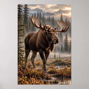 Bull Moose in Mountain Forest Wetland Wildlife Wal Poster