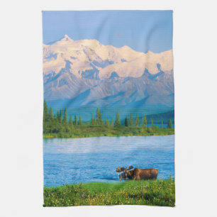 Bull moose in Wonder Lake Tea Towel