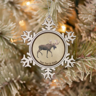 Bull Moose On Old Paper Snowflake Pewter Christmas Ornament