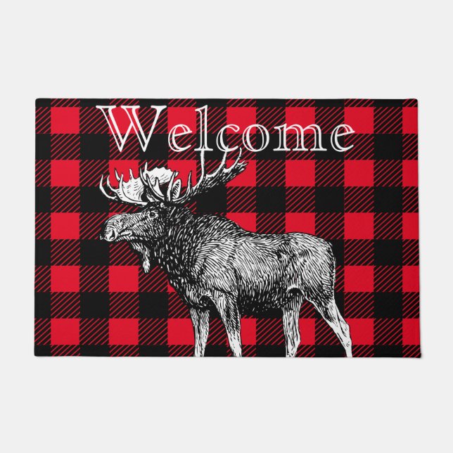 Bull Moose Red and Black Buffalo Check Plaid Doormat (Front)
