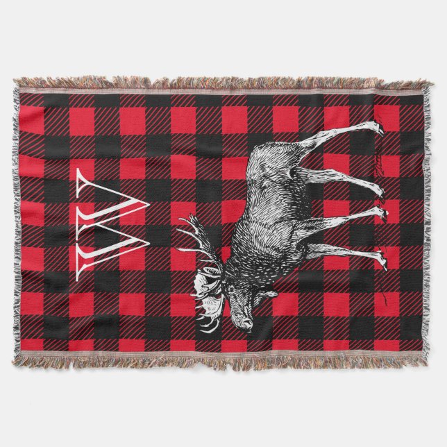 Bull Moose Red and Black Buffalo Plaid - Monogram Throw Blanket (Front)