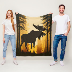 Bull Moose Silhouette Foggy Misty Forest Dawn Fleece Blanket