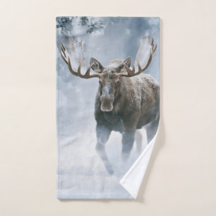 Bull Moose Walking Through Boreal Snow Bath Towel Set