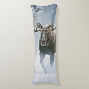 Bull Moose Walking Through Boreal Snow Body Cushion