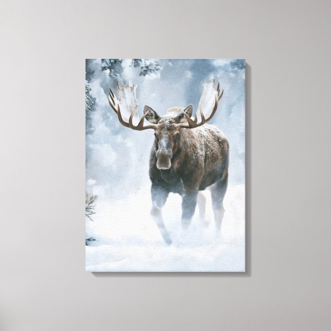 Bull Moose Walking Through Boreal Snow Canvas Print (Front)