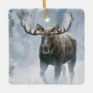 Bull Moose Walking Through Boreal Snow Ceramic Ornament