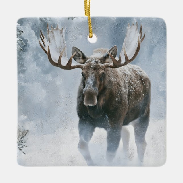Bull Moose Walking Through Boreal Snow Ceramic Ornament (Front)