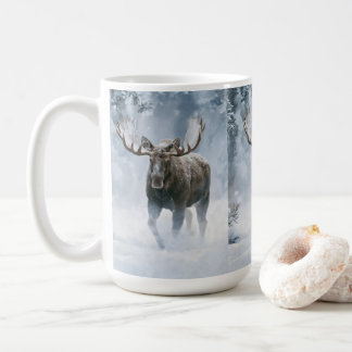 Bull Moose Walking Through Boreal Snow Coffee Mug