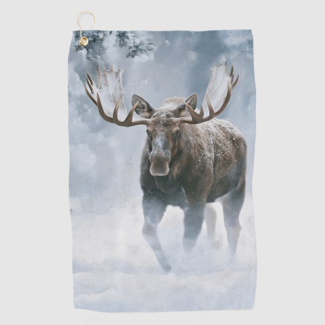 Bull Moose Walking Through Boreal Snow Golf Towel (Front)