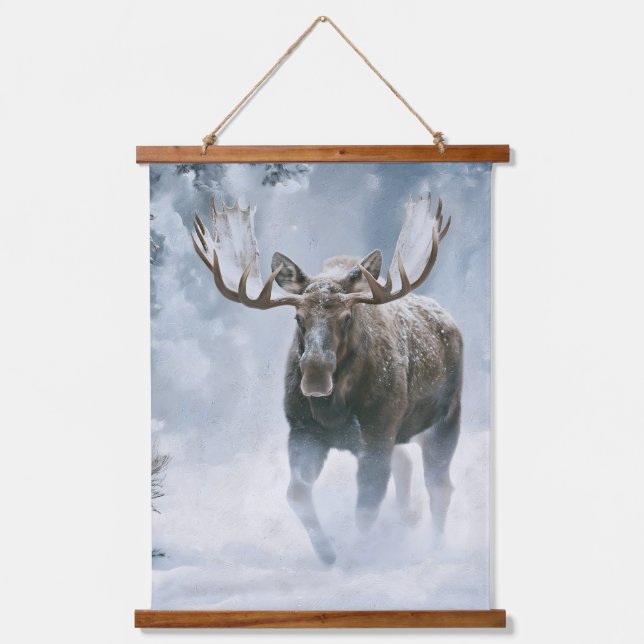 Bull Moose Walking Through Boreal Snow Hanging Tapestry (Front)